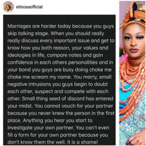 “Marriages Are Harder Today Because People Skip The Talking Stage” – Actress Etinosa