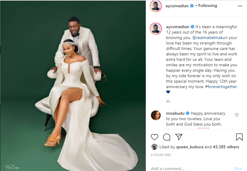 Comedian AY and wife, Mabel celebrate 12th wedding anniversary 