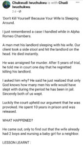 Lawyer Narrates How Client Ended In Jail After He Caught His Wife In Bed With Landlord