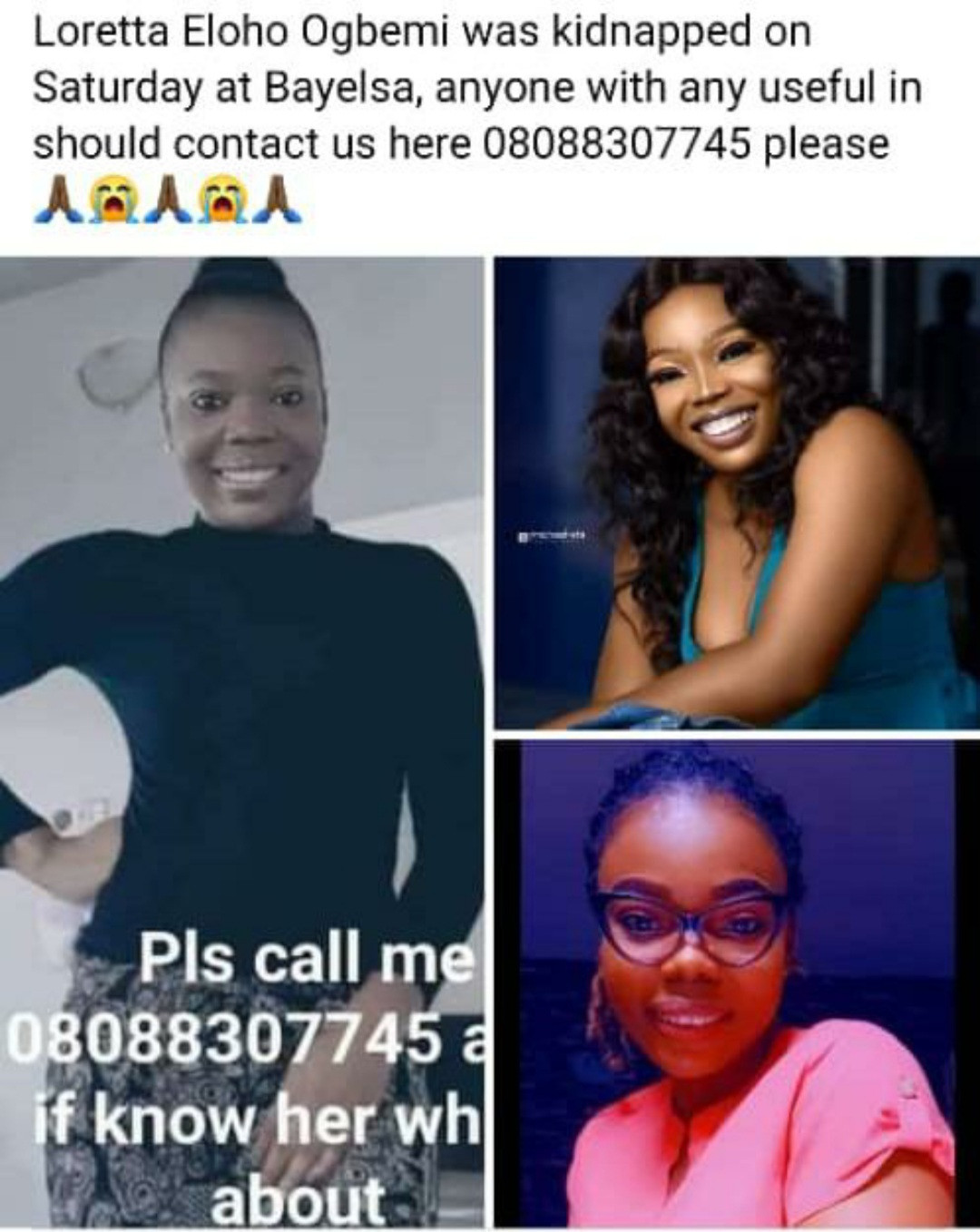 Friends ask for help in finding missing young woman kidnapped at gunpoint in Bayelsa state