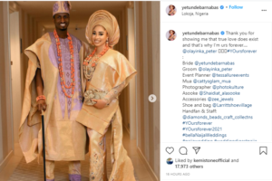 Actress Yetunde Barnabas and Footballer Peter Olayinka hold their wedding introduction