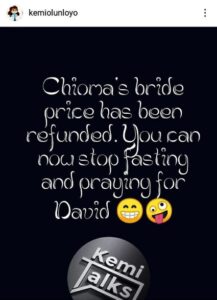 “Chioma’s Bride Price Has Been Refunded” – Kemi Olunloyo Spills Alleged Details On Davido And Chioma’s Relationship