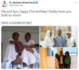 Ex-Senate President, Bukola Saraki, celebrates his twin daughters as they turn a year older