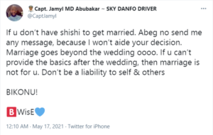 If you don't have shishi to get married, abeg no send me any message - Dangote’s son in-law, Jamil advises people intending to marry
