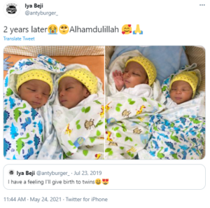 Lady welcomes set of twins two years after predicting she will give birth to twins
