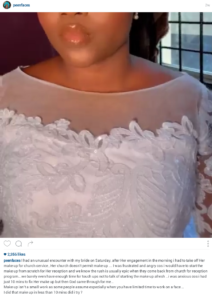 "I was frustrated and angry" - Nigerian makeup artist shares her 'unusual' encounter with a bride whose church doesn't permit makeup