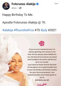 "My God is the reason I 'm always glowing" - Billionaire businesswoman, Apostle Folorunso Alakija says as she turns 70