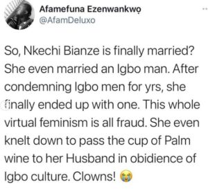 No bride price was paid and I did not kneel down to give him a drink - Facebook feminist, Nkechi Bianze says as she shares photos from her wedding