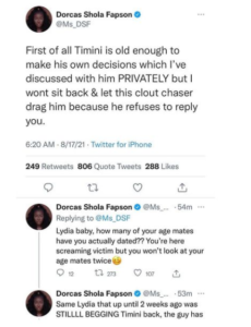 How many of your age mates have you actually dated? - Timini's bestie, Dorcas Shola Fapson defends him after being called out by 19-year-old ex-girlfriend