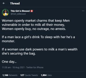 Lady Blows Hot -“Women Openly Buy And Sell Charms To Entrap Men And Milk All Their Money, Yet There’s No Outrage Or Arrests”