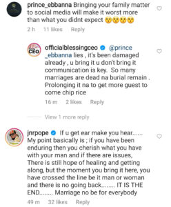 Blessing Okoro reacts to Junior Pope and Zubby Michael's post criticising Annie Idibia for making marriage crises public; Junior Pope responds