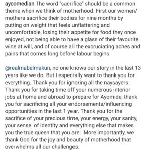 AY thanks his wife Mabel Makun as he lists the sacrifices she made to welcome their daughter 13 years after the birth of their first child
