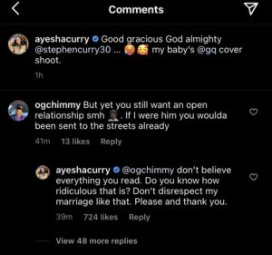 Ayesha Curry claps back at commenter as she finally responds to rumours that she and Steph Curry have an open marriage