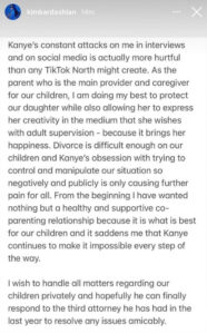 "As the parent who is the main provider, I'm doing my best" Kim Kardashian hits back at Kanye West after he talked about their daughter, North, joining TikTok without his permission