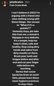 Stop using dirty hands and saliva from dirty mouths on a woman's Vajayjay - Actress Juliet Ibrahim advises men to learn basic personal hygiene habits