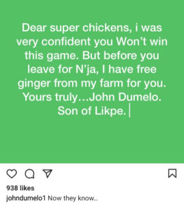 John Dumelo mocks Nigeria after match with Ghana ended in a draw, calls them "Super chickens"