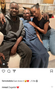 "Eazi does it" Femi Otedola writes as he poses with daughter Temi and her fiancé Mr Eazi