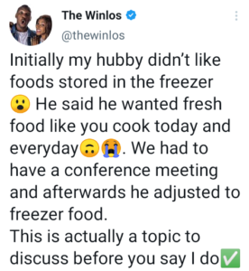 He wanted fresh food cooked everyday - Nigerian pastor says her husband initially didn't like food stored in the freezer