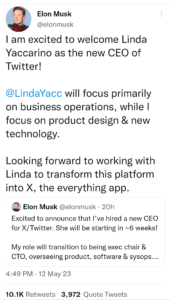 Elon Musk announces Linda Yaccarino as Twitter's new CEO