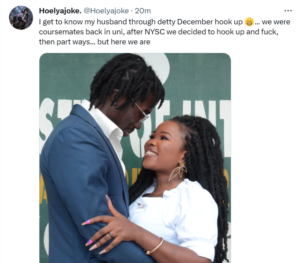 Nigerian lady reveals she met her husband through a “detty December hookup”