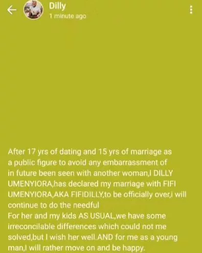 Billionaire businessman, Dilly Umenyiora's 15 year marriage to Fifi Umneyiora has crashed